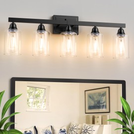 VOLISUN 5-Light Bathroom Light Fixtures, Matte Black Bathroom Vanity Light Over Mirror, Modern Vanity Light for Bathroom, Bathroom Wall Light with Clear Glass Shades (Bulbs Excluded)