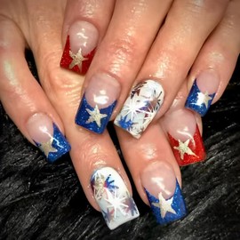 ONPRESS 24Pcs Independent Day Press on Nails Medium Square Fake Nails with Gold Star Design Red Blue Glitter French Tip Acrylic Nails False Nails Pink Nude Full Cover Stick on Nails for Women Decor