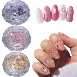 3 Box 3D Dried Flower Nail Art Stickers Colorful Shell Glitter Stars Sequins Japanese Gypsophila Dried Floral Mixed Charms Small Dried Flowers Resin DIY Craft Summer Nail Art Decorations Supplies