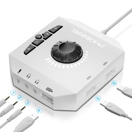 T10 External Sound Card, PHOINIKAS USB Audio Adapter for PC Windows, Mac, Linux, Laptops, Desktops, Stereo Sound Card with 3.5mm Interface & USB Interface, Volume Control, Plug & Play (6-in-1, White)