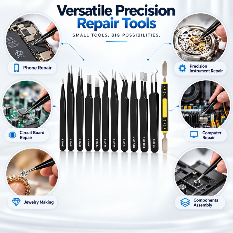 12-Piece Precision Tweezers Set for Electronics Repair – Anti-Static Stainless