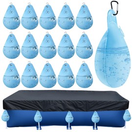 16 Pack Pool Cover Weights with Hooks, Above Ground Pool Cover Weights, Leakproof Swimming Pool Cover Hanging Bag Heavy Duty PVC Pool Water Bags, Antifreezing Winter Pool Cover Weights (Light Blue)