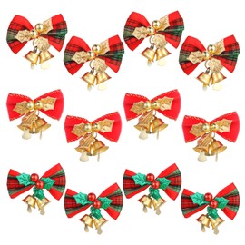 12 Pieces Christmas Bows with Bells Small Christmas Bows for Crafts Mini Tiny Tree Decorations Wreath Burlap Bows Vintage Bowknots for Xmas Tree Presents Wrapping Supplies (Red, Green and Gold)