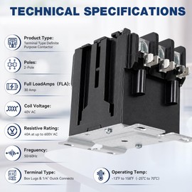 3 Pole 40 Amp Contactor 120VAC Coil, Air Conditioner Condenser Compressor Motor Magnetic Contactor, UL HVAC Definite Purpose Contactor, Compatible for Goodman, Carrier, Trane, Daikin, Square D Etc