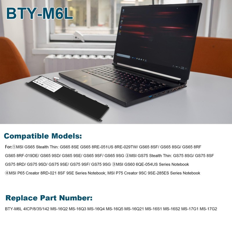BTY-M6L MS-16Q2 MS-16Q3 Laptop Battery Compatible with MSI GS65 GS75