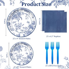 50 pcs Light Blue Floral Paper Plates, 9-inch, 7-inch Size, Light Blue Disposable Paper Plates for Graduation, Wedding Ceremony, Birthday Party and Tea Party