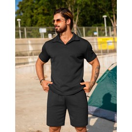 URRU Men's 2 Piece Short Sleeve Shirts Summer Beach Outfits Vacation Texture Sets for Men Black M