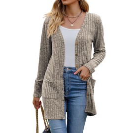 Witsmile Cardigan Sweaters for Women Cozy Lightweight Open Front Long Cardigan Shacket with Pockets(Khaki, Medium)