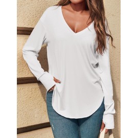 Tankaneo Womens Deep V Neck Tunic Tops Long Sleeve Oversized Casual Loose Fit Curved Hem T Shirts White