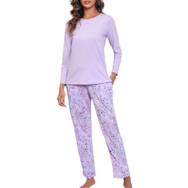 PNAEONG Women's Cotton Long-Sleeve Tops and Full-Length Pajama Set Two-Piece Pjs with Pockets Purple,S