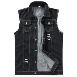 YOUTHUP Mens Ripped Denim Gilet Casual Vintage Biker Waistcoat Cowboy Sleeveless Vest Jacket, #813 Black, 3XL
