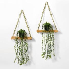 Mokof 2 Pack Wooden Hanging Shelves with Artificial Eucalyptus Plants Wall Decor for Living Room, Bedroom, Bathroom - Fake Hanging Plant and Wood Wall Shelf Set for Boho Farmhouse Home Decor