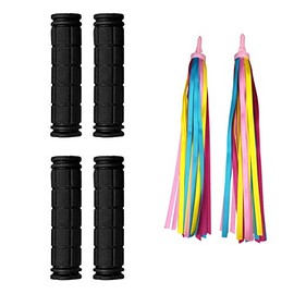 Platt Kids Bicycle Handle Bar Grips 2 Pairs Colorful Rubber Mushroom Grips with Ribbons Streamers for Balance Bikes, Scooters, and Childrens BMX Bicycle Handlebars