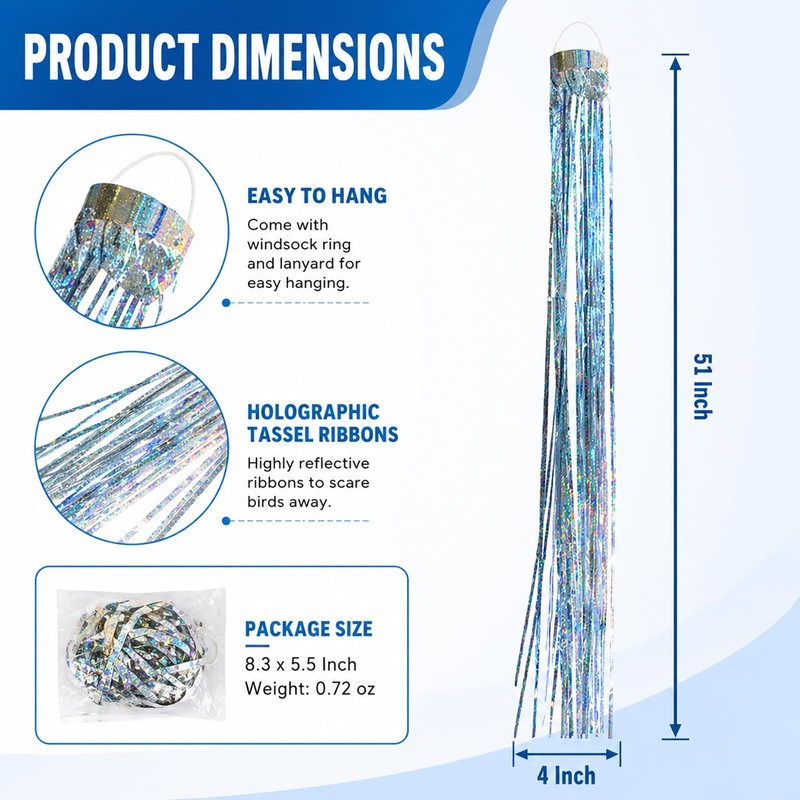 Bird Scarer Windsock Holographic Silver Windsock, High Reflection Bird Deterrents