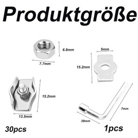31 pieces 30 pieces wire rope clamp 3 mm 1 piece wrench silver rope clamps 3 mm washing line tensioner with bolts nuts washers strong fixation deep thread to prevent slipping