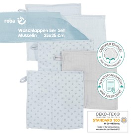 roba organic 5er Set Waschlappen 'Lil Planet' hellblau/sky, Musselin, Bio-Baumwolle, GOTS, 25x25cm