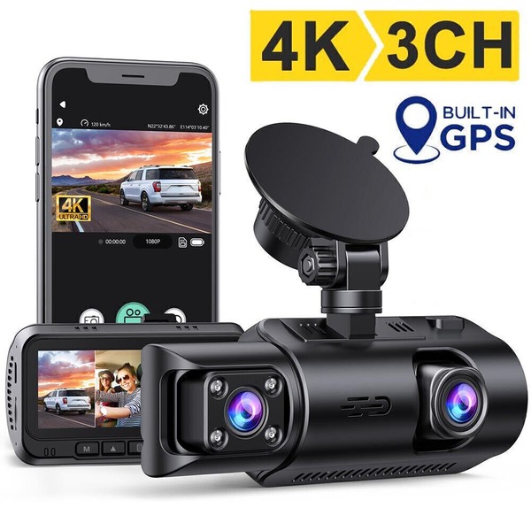 TOGUARD 3CH 4K GPS Dual Dashcam Front and Rear Inside