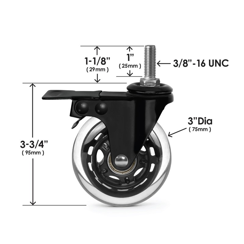 Slipstick 3 Inch Rubber Caster Wheels with Brake Locks (4
