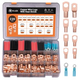 Filluck 220pcs Battery Cable Ends Kit,AWG 2/4/6/8/12 Copper Lugs,Heavy Duty Wire lugs, Ring Terminal Connectors with 3:1 Heat Shrink Tube & Storage Box