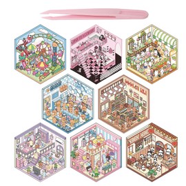 DOINEUFL 8 Sets 3D Sticker Scene, 3D House Sticker Set, Sticker Therapy 3D Stickers, Funny Cartoon Scene Stickers for Adult Kid Relief Stress Pass The Time (with Tweezers) (8)