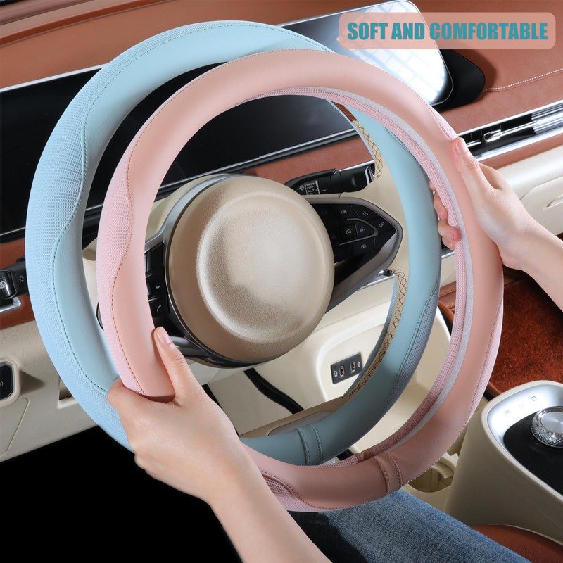 Binsheo Nappa Leather Blue Steering Wheel Cover, Advanced Microfiber Leather