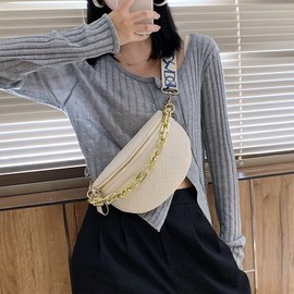 Thick Chain Women's Fanny Pack Plaid leather Waist Bag Shoulder Crossbody Chest Bags Luxury Designer Handbags Female Belt Bag (Beige)