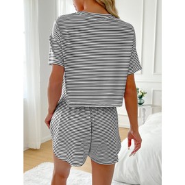 TFNOSIZE Women's Striped Pajama Set with Drawstring Waistband - Soft Loungewear with Side Slit Shorts, Comfortable Sleepwear