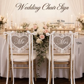 2 Pcs Mr and Mrs Sign Set, Heart‑Shaped Lace Wedding Chair Decorations