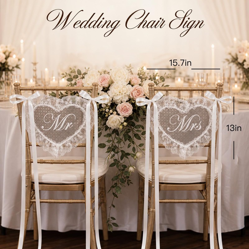 2 Pcs Mr and Mrs Sign Set, Heart‑Shaped Lace Wedding