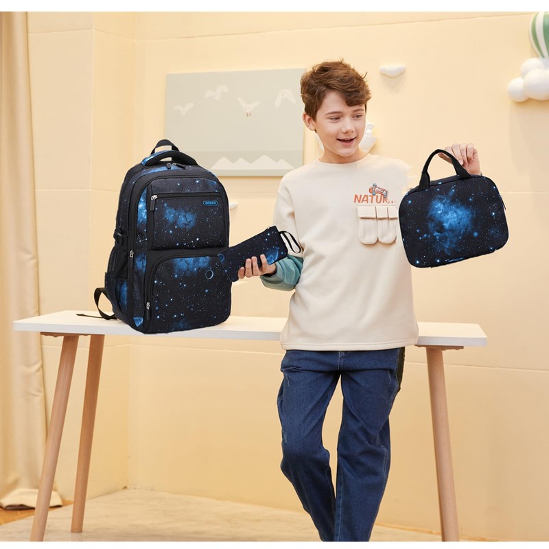 Galaxy School-Bag Backpack and Lunch-Bag Set for Boys Middle-School Elementary