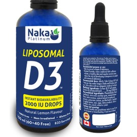 Naka Platinum Liposomal Vitamin D3, INSTANT BIOAVAILABILITY, 2000 IU DROPS, Natural Lemon Flavour, Made in Canada (100ml)