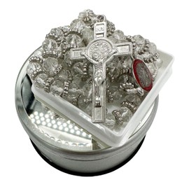 White Clear Crystals St. Benedict Medal Rosary Necklace San Benito Rosario Catholic Jesus Crucifix Rosary Prayer Gifts for Women (Silver)