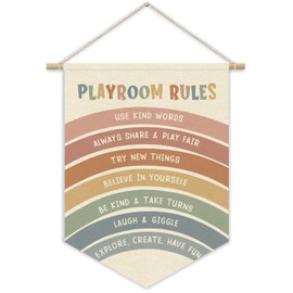 XYDEG Playroom Decor,Nursery Decor,Playroom Rules Wall Art Canvas Banner, Rainbow Sign,Home School Toddler Bedroom Decor Wall Hanging Pennant Flag Canvas Banner 15x11 in