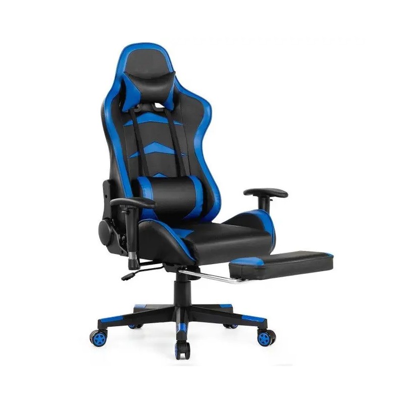 Gaming Chair Blue PU Leather 4D Armrest Manual Recliner Swivel