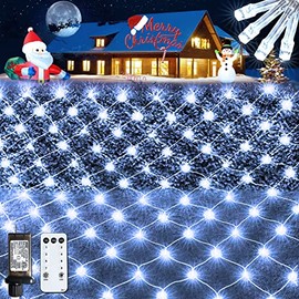JMEXSUSS 360 LED Christmas Net Lights Outdoor Mesh Lights 12ft x 5ft Waterproof Bush Net Lights 8 Modes with Remote Connectable Plug in, Cool White（Transparent Wire）