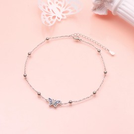HOOHWE Butterfly Anklets for Women 925 Sterling Silver Double Layered Anklet Chain Beaded Ankle Bracelets for Women and Girls