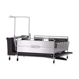 Sabatier Expandable Stainless Steel Dish Rack with Rust-Resistant Soft Coated Wires and Bi-Directional Spout, with Utensil Caddy and Removable Stemware Holder