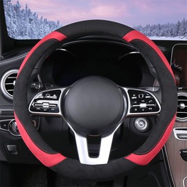 WJMZ Soft Suede Steering Wheel Cover, Warm Steering Wheel Cover Fashion Universal 15 inch, Red and Black