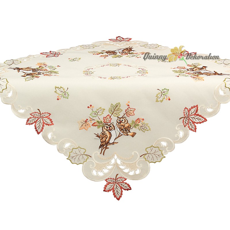Quinnyshop - Owl Leaf Embroidery Tablecloth Approx. 85 x 85