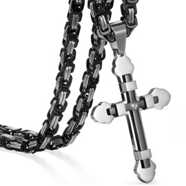 Cupimatch Stainless Steel Cross Pendant Necklace for Men, Men Crucifix Byzantine Chain Necklace 25.6"
