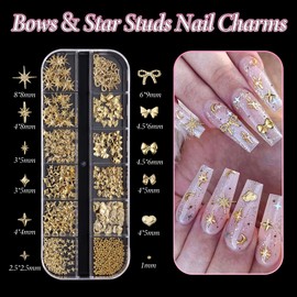 2 Boxes 3D Gold Nail Charms, Assorted Bow Bowknot Heart Star Alloy Nail Studs, Flower Crown Candy Metal Shiny Nail Jewelry, Luxury Rivet Nail Charms Rhinestones for Nails Art Decoration