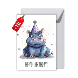 WBdesignz Lustige Geburtstagskarte Nilpferd witzige Karte mit Spruch „Hippo Birthday!“ – originell für Männer, Frauen, Freunde, Freundinnen, Kolleginnen, Kinder (XXL DIN A4)
