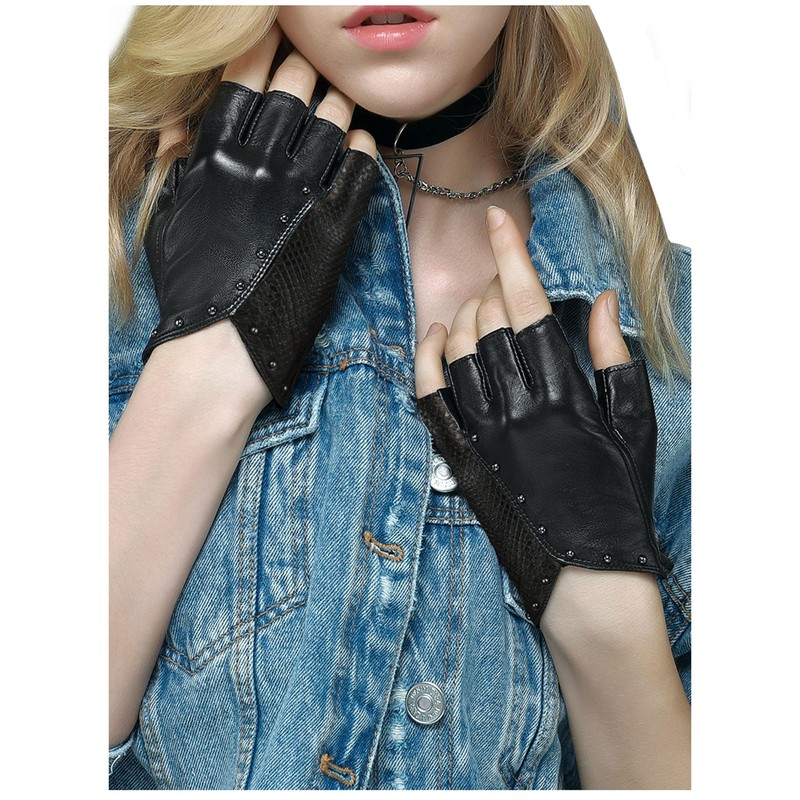 FIORETTO Womens Punk Fingerless Leather Gloves for Driving Motorcycle Unlined