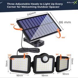SolarX 108LED Solar Motion Sensor Light Outdoor- IP65 Waterproof Solar Security Light with 3 Adjustable Heads- Solar Flood Light with Separate Solar Panel and Remote for Porch, Patio and Garden