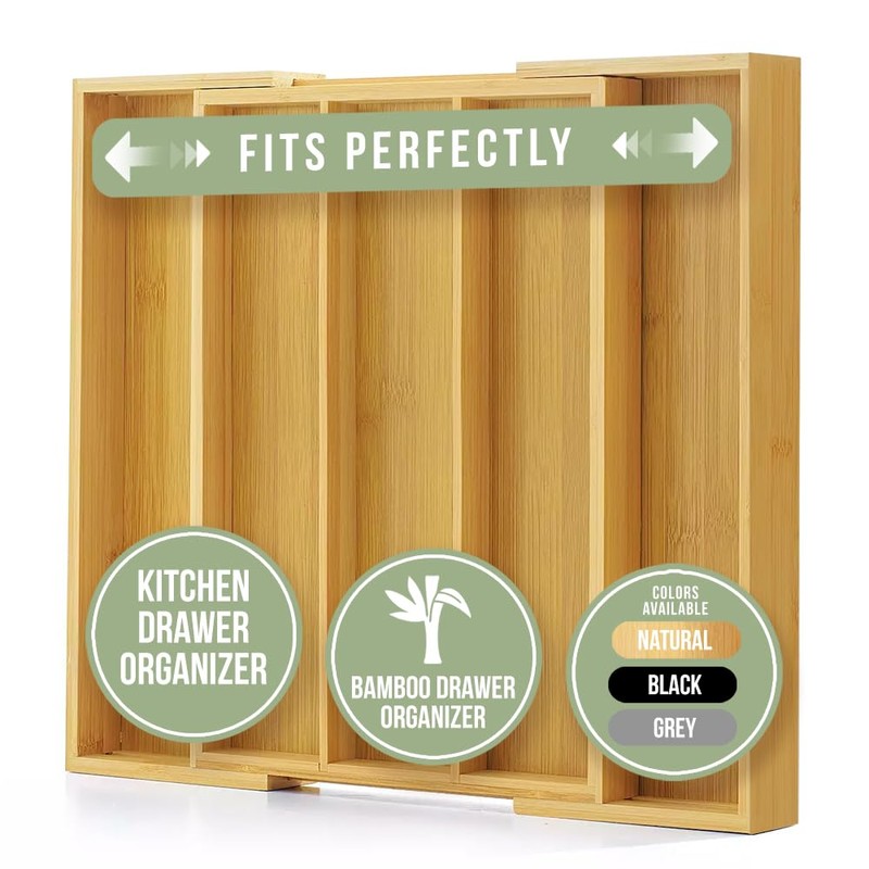 Purawood Kitchen Drawer Organizer - Expandable Utensil Drawer Organizer for