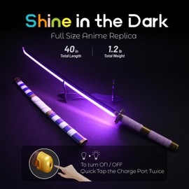RENGENG Light Up Sword, 40 Inches Rechargeable Pre-Assembled Plastic Replica Anime Sword with Belt & Stand & Spinner