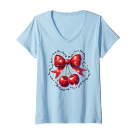 Womens Love You Cherry Much Valentine's Day Cute Cherry Bow Retro V-Neck T-Shirt