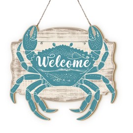 MOTERMATE Rustic Teal Crab Welcome Sign Decor, Nautical Coastal Beachy Beach Wall Hanging Room Decor Decorations for Home Bathroom Farmhouse, Ocean Themed Welcome Front Porch Door Decor, 8x10 Inch