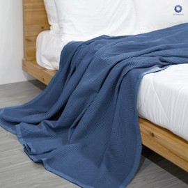 9Threads GOTS Certified Organic Cotton Waffle Weave Blanket, King Bed Blanket,108"X90" Cozy Throw Blanket for Couch, Modern Home Decor, Throw Blankets,Comfy Waffle Blanket Soft Bed Blankets-Navy Blue