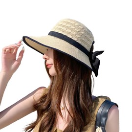 LeafIn Women's Hat, Sun Hat, UV Protection Hat, Wide Brim Hat, Chin Strap, UV Protection, Sun Protection Hat, Breathable, Bowknot, Summer, Ponytail Hole, A-Beige